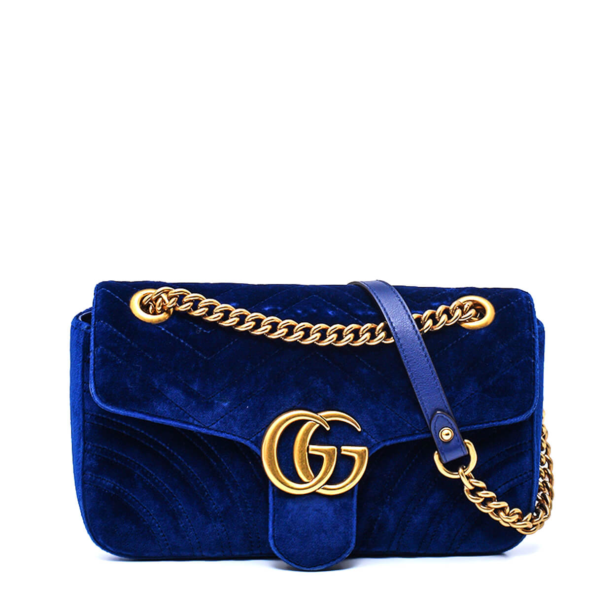 Gucci - Navy Blue Velvet Marmont Matelasse Medium Flap Bag